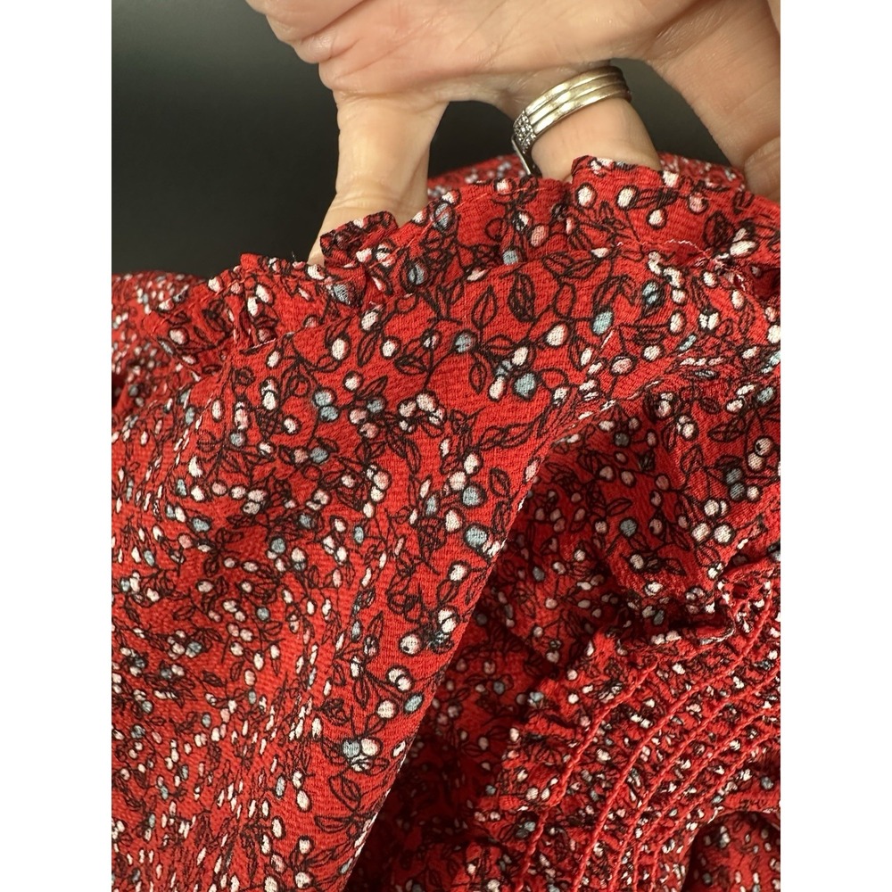 Max Studio Red Floral Boho Maxi Dress L Smocked Waist Tiered Cottagecore WW11 - Picture 8 of 13